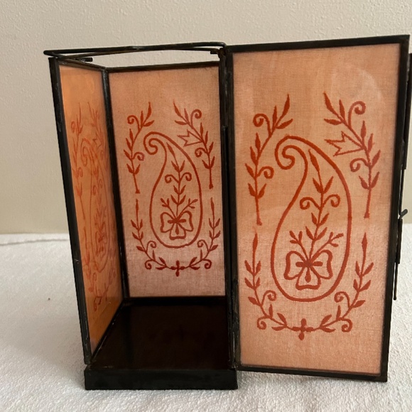 2 x Metal Glass Lantern Candle Holder Orange Embroidery boho dining decor fall - Picture 3 of 6